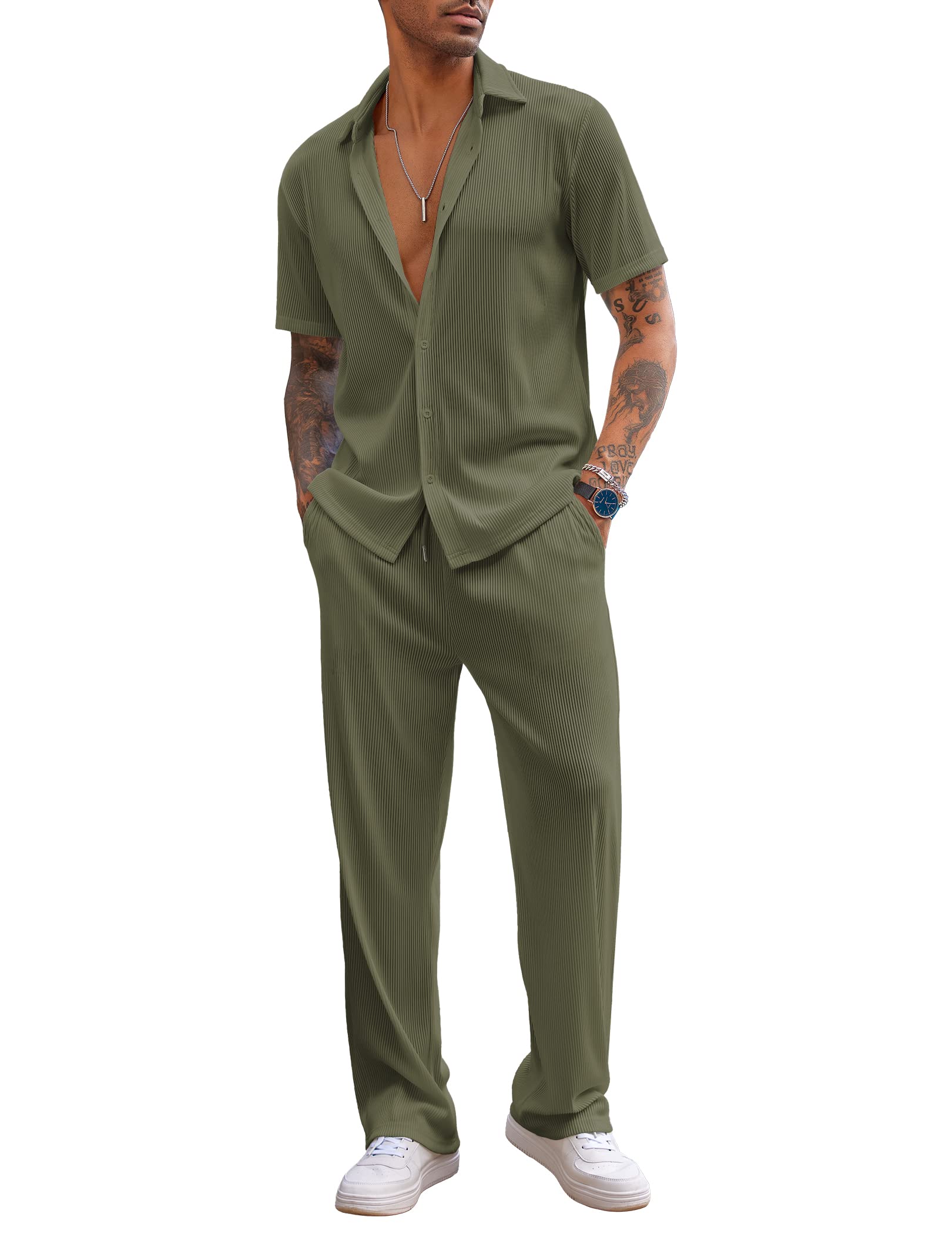 COOFANDY Men's 2 Piece Outfit Casual Short Sleeve Button Down Shirt Beach Summer Loose Pant Sets