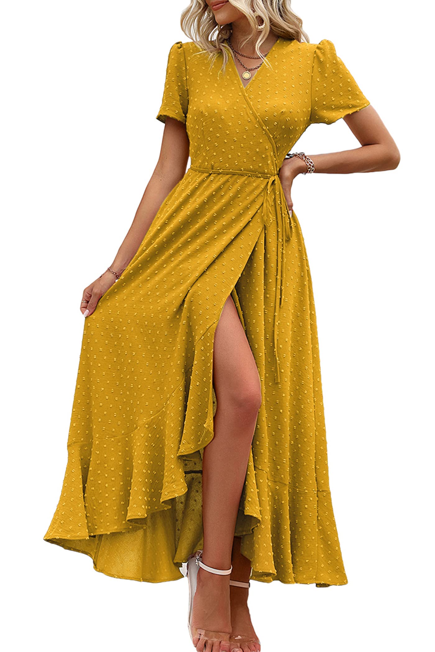Women's Boho Floral Maxi Dress – Short Sleeve Wrap V-Neck Long Beach Dress