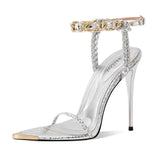 Ouwilov Women's Strappy Stiletto Heels – Metallic Ankle Strap Open Toe Sandals