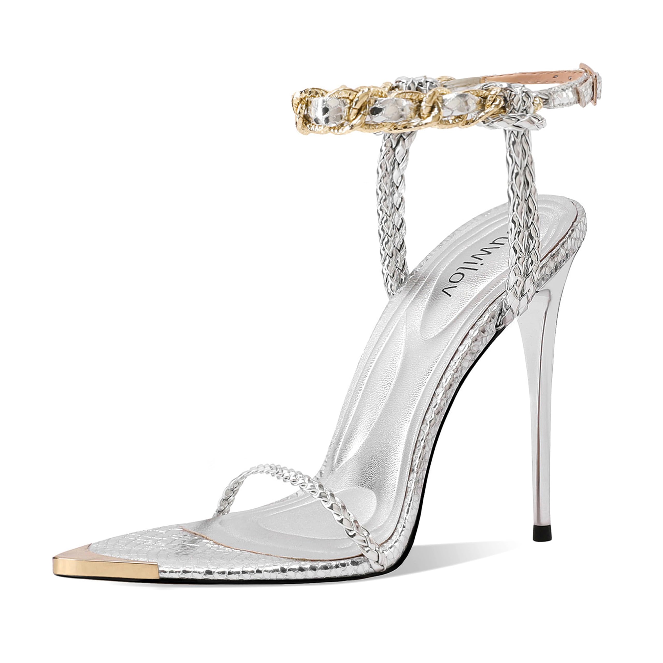 Ouwilov Women's Strappy Stiletto Heels – Metallic Ankle Strap Open Toe Sandals