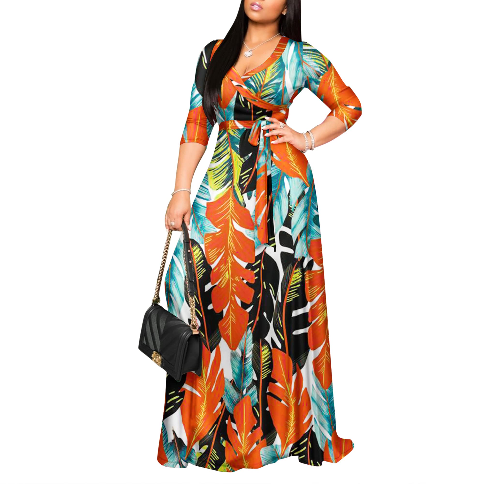 FANDEE Plus Size Maxi Dress for Women – Boho Floral V-Neck 3/4 Sleeve Summer Sundress