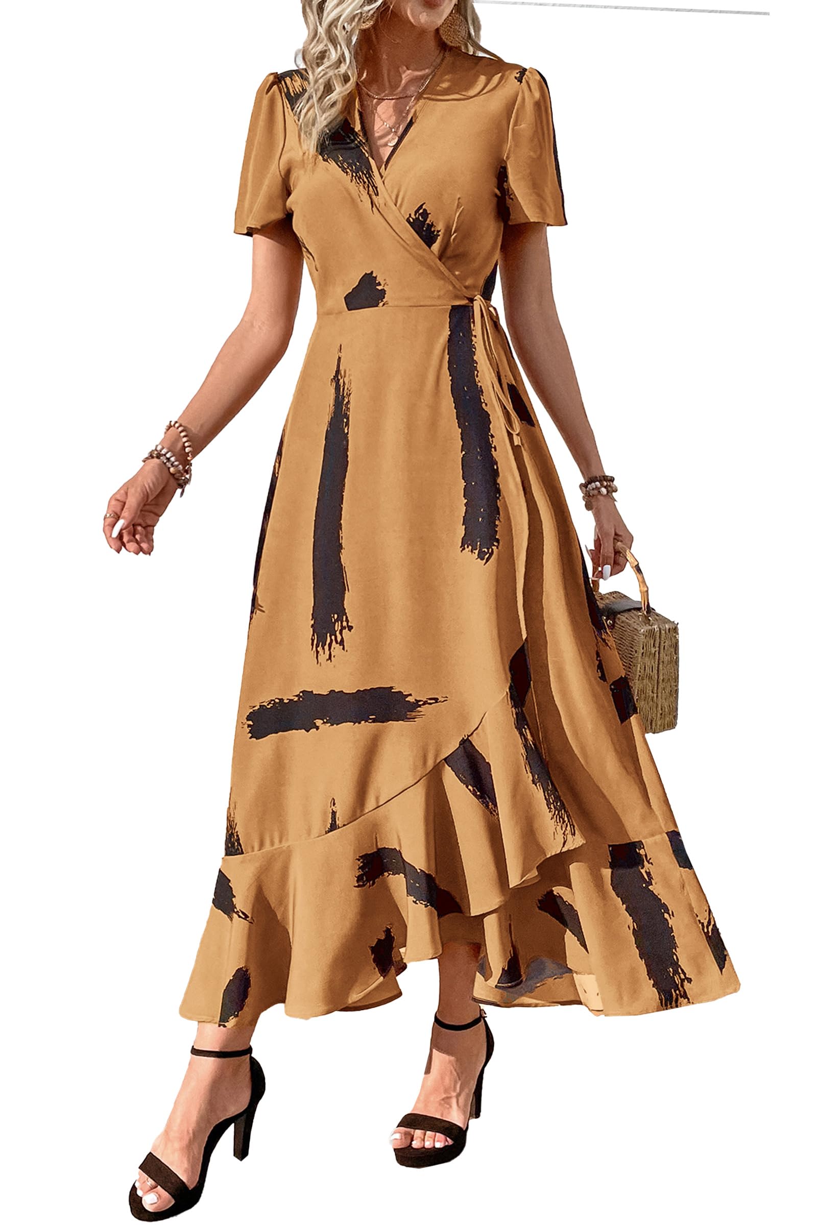 Women's Boho Floral Maxi Dress – Short Sleeve Wrap V-Neck Long Beach Dress