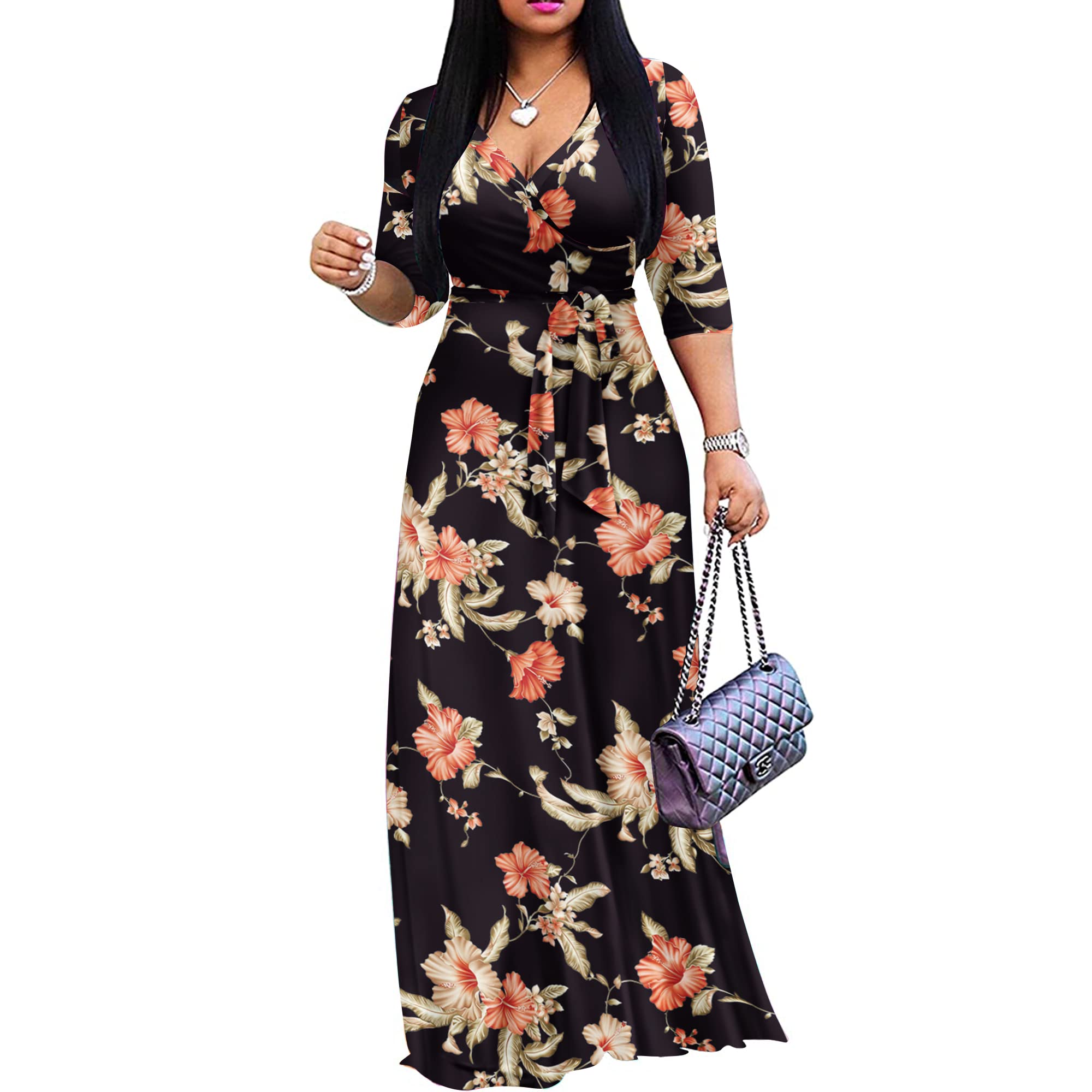 FANDEE Plus Size Maxi Dress for Women – Boho Floral V-Neck 3/4 Sleeve Summer Sundress