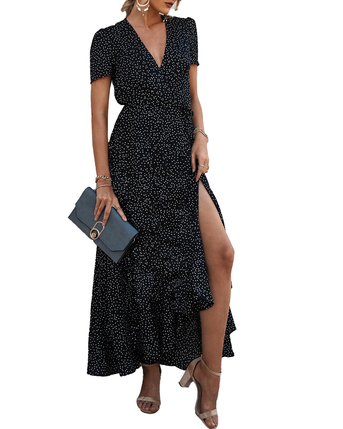 Women's Boho Floral Maxi Dress – Short Sleeve Wrap V-Neck Long Beach Dress