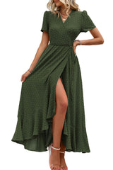 Women's Boho Floral Maxi Dress – Short Sleeve Wrap V-Neck Long Beach Dress