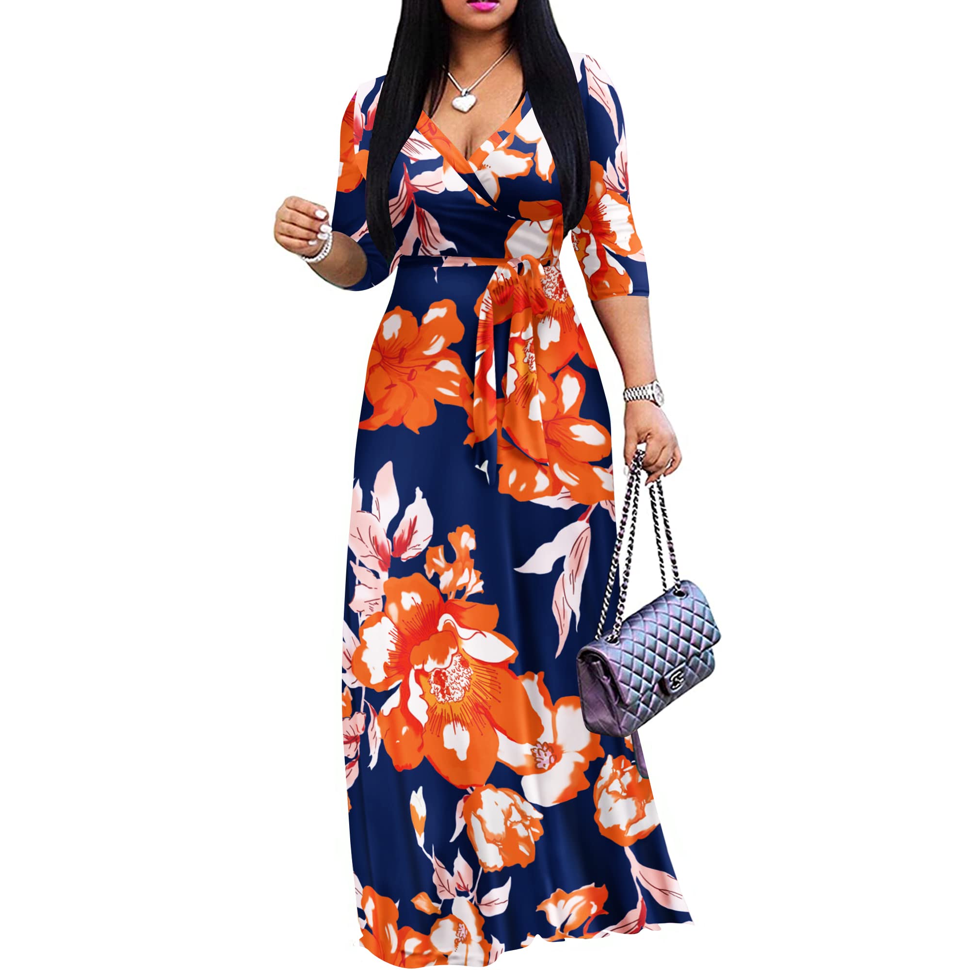 FANDEE Plus Size Maxi Dress for Women – Boho Floral V-Neck 3/4 Sleeve Summer Sundress