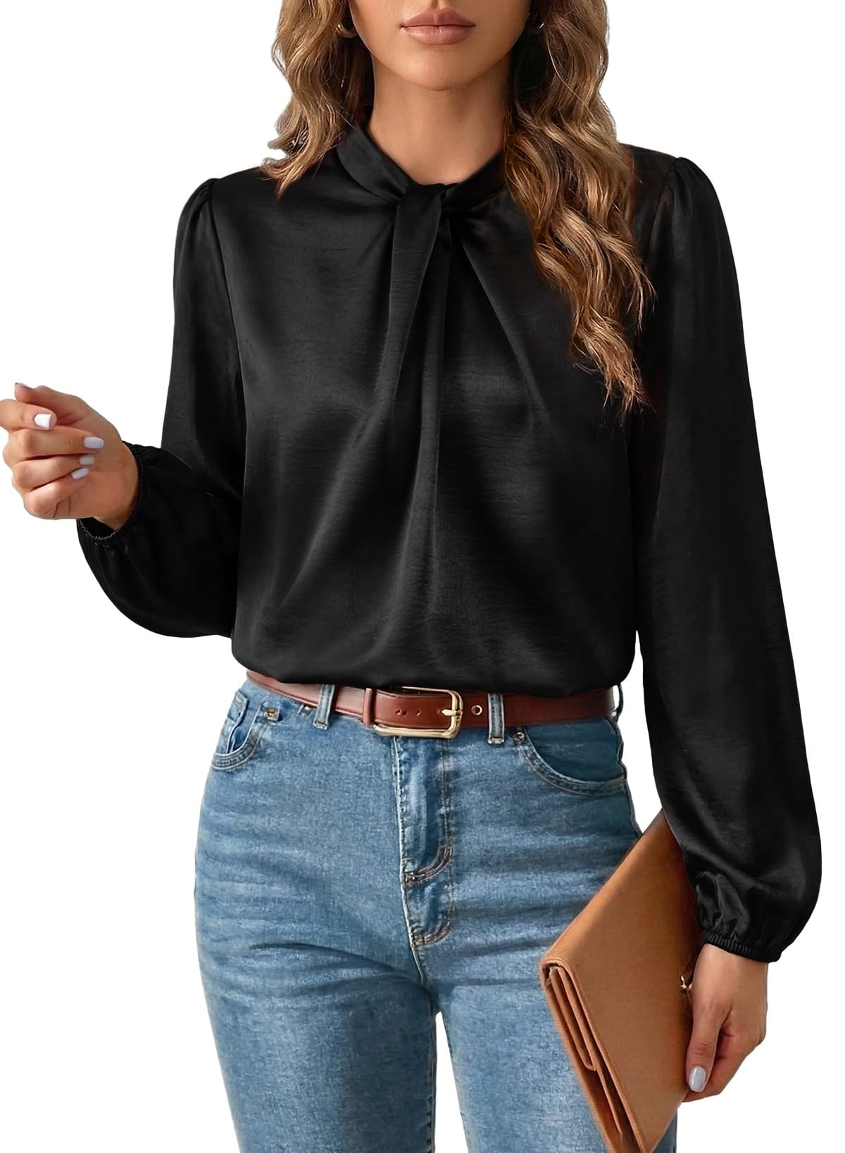 Women's Satin Twisted Mock Neck Blouse – Long Sleeve Business Casual Top