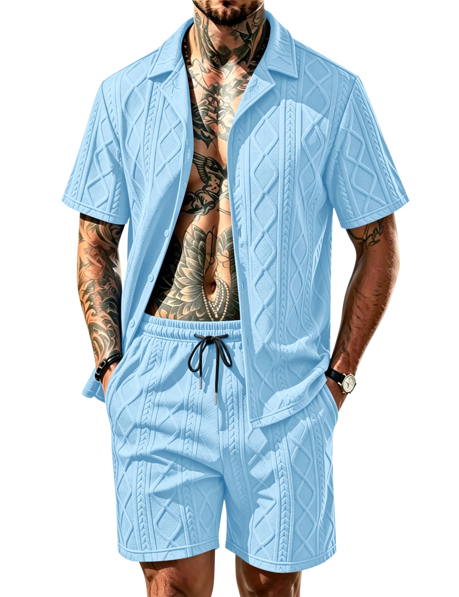 Men's Diamond Knit 2-Piece Button Down Shirt & Shorts Set – Casual Tracksuit