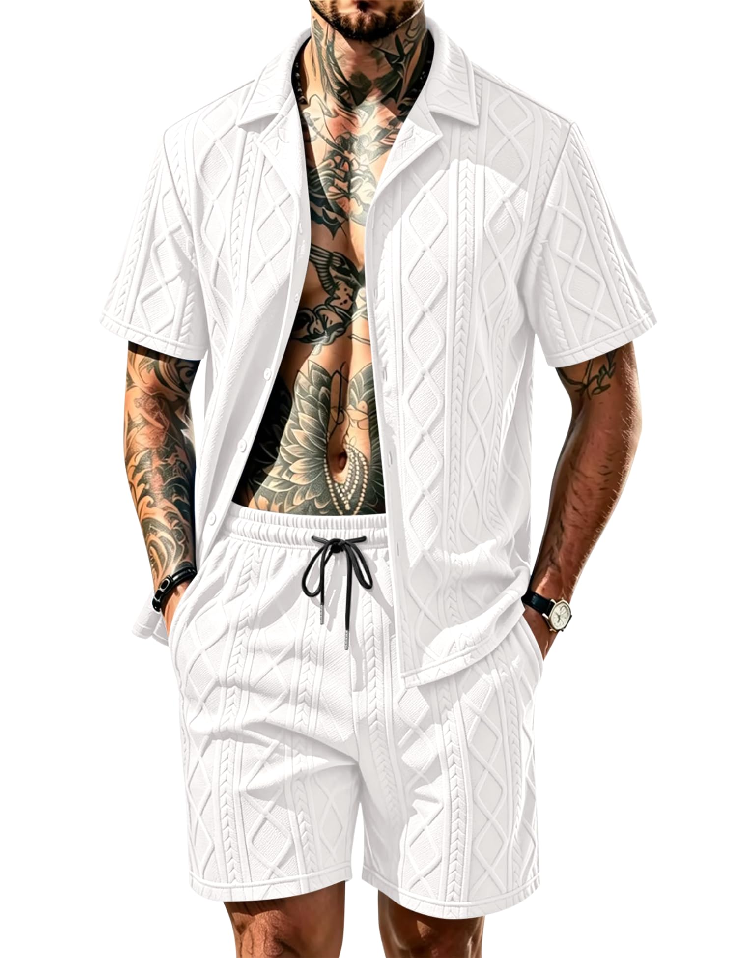 Men's Diamond Knit 2-Piece Button Down Shirt & Shorts Set – Casual Tracksuit