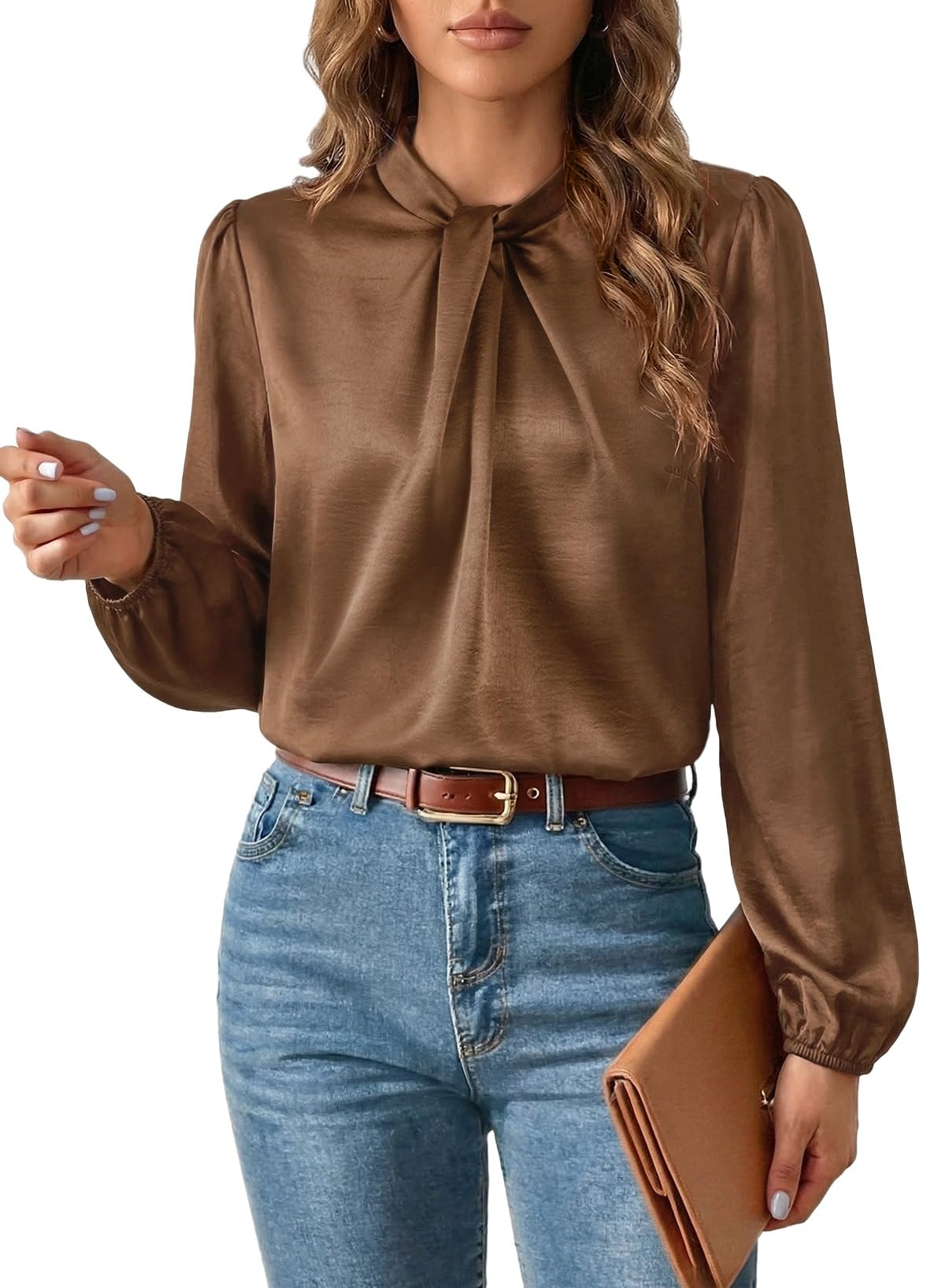 Women's Satin Twisted Mock Neck Blouse – Long Sleeve Business Casual Top