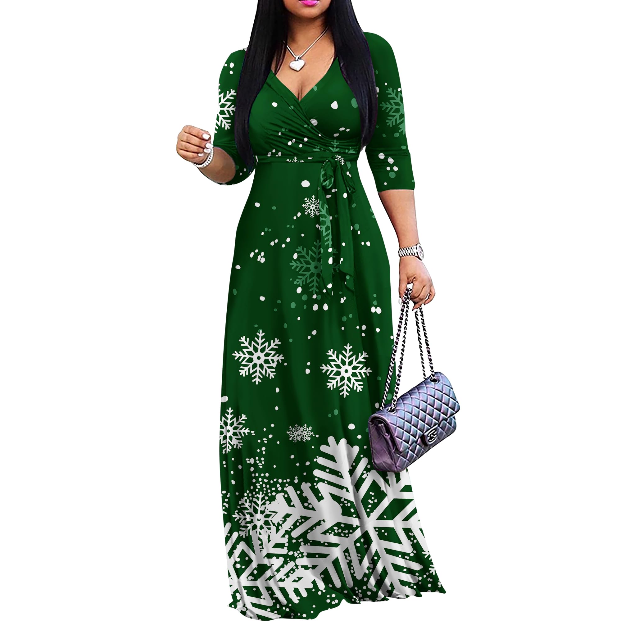 FANDEE Plus Size Maxi Dress for Women – Boho Floral V-Neck 3/4 Sleeve Summer Sundress
