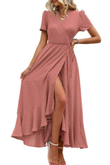 Women's Boho Floral Maxi Dress – Short Sleeve Wrap V-Neck Long Beach Dress