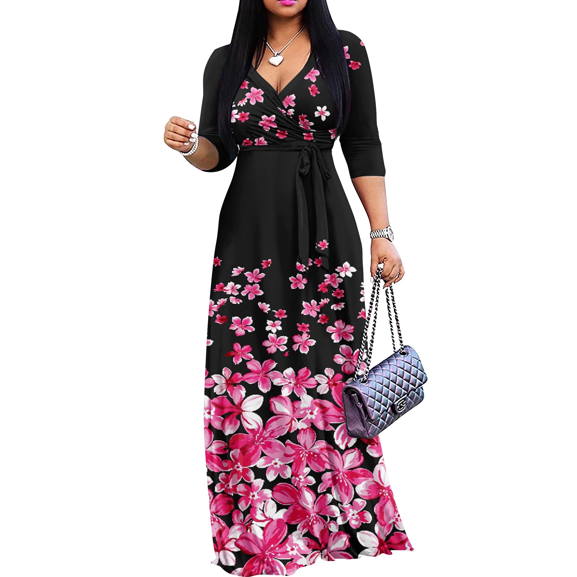 FANDEE Plus Size Maxi Dress for Women – Boho Floral V-Neck 3/4 Sleeve Summer Sundress