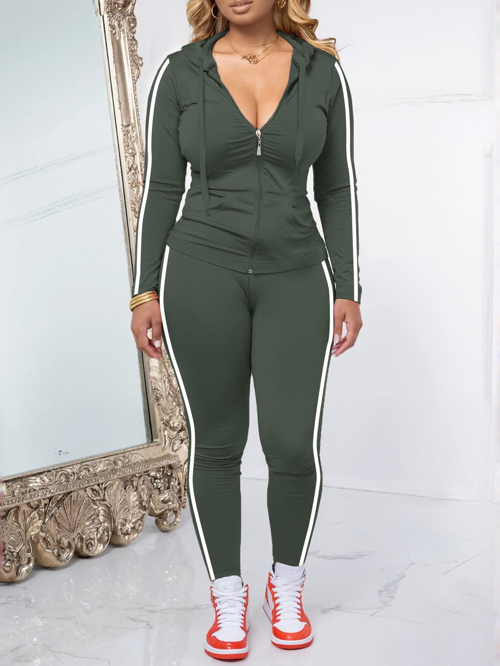 Women's Striped Zip-Up Hoodie and Jogger Pants Set