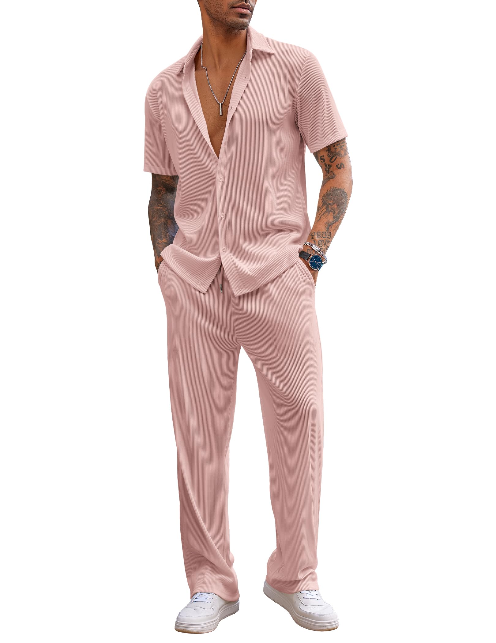 COOFANDY Men's 2 Piece Outfit Casual Short Sleeve Button Down Shirt Beach Summer Loose Pant Sets