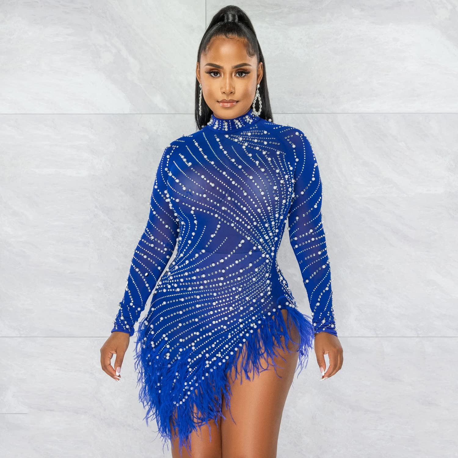 Rhinestone Feather Bodycon Mini Dress - Mesh Sheer Long Sleeve Party Dress