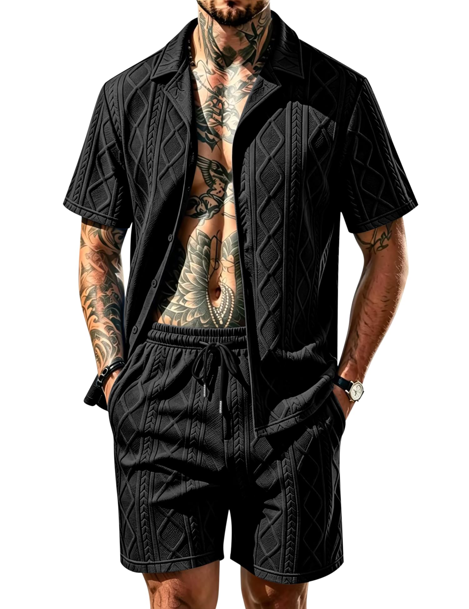 Men's Diamond Knit 2-Piece Button Down Shirt & Shorts Set – Casual Tracksuit