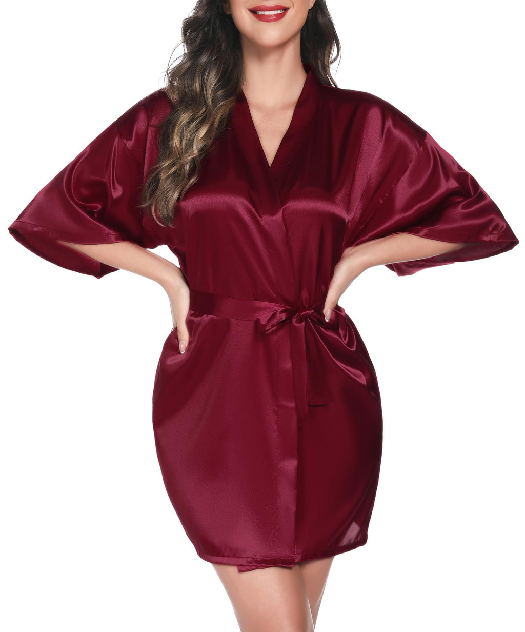Vlazom Womens Kimono Robes Dressing Gown Satin Bathrobe Nightdress Short Style Bridal Robe