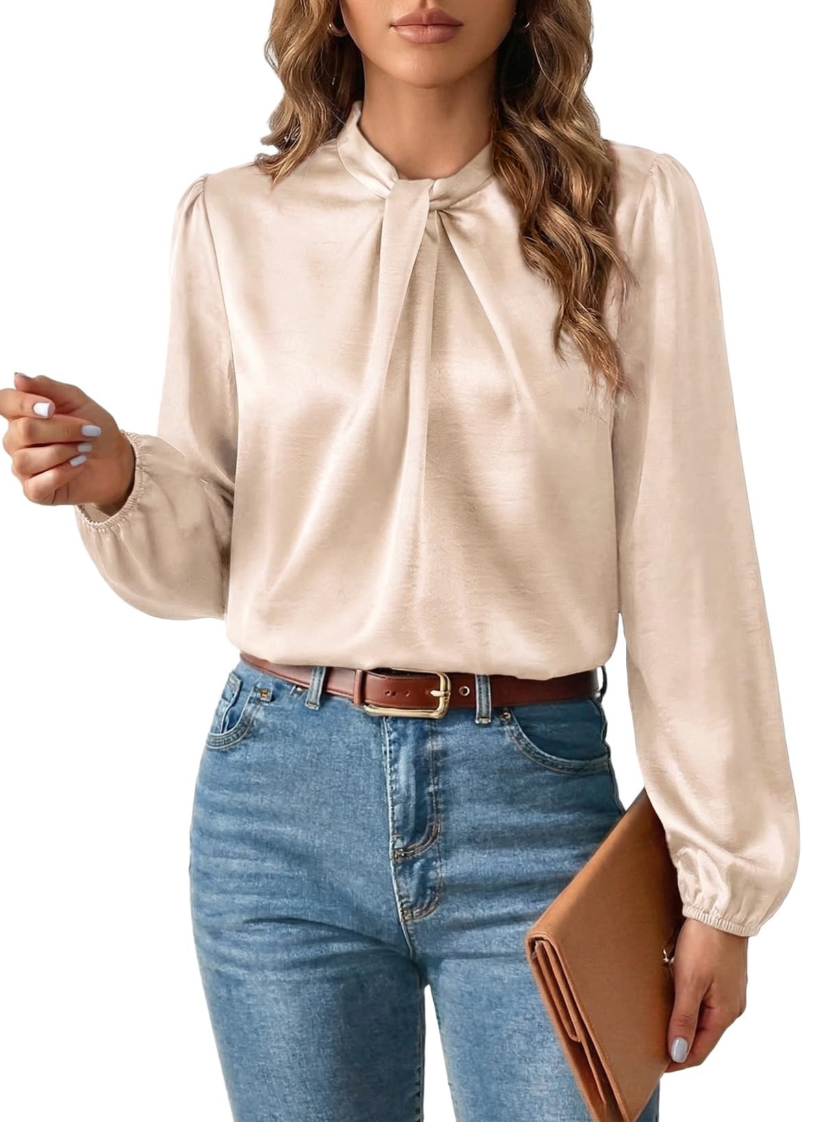 Women's Satin Twisted Mock Neck Blouse – Long Sleeve Business Casual Top