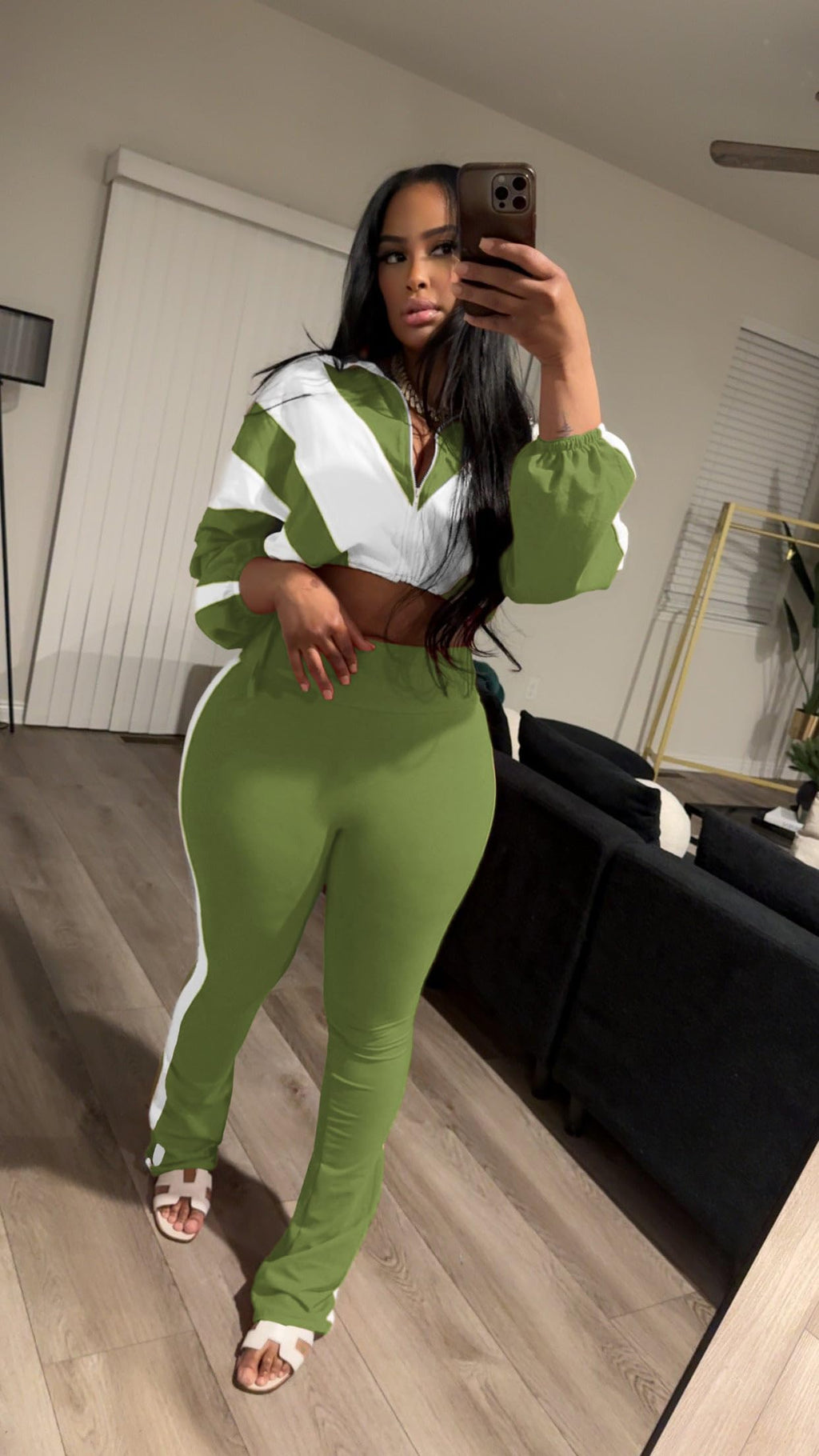 Women's 2 Piece Color Block Zip Jacket and Flare Pants Set