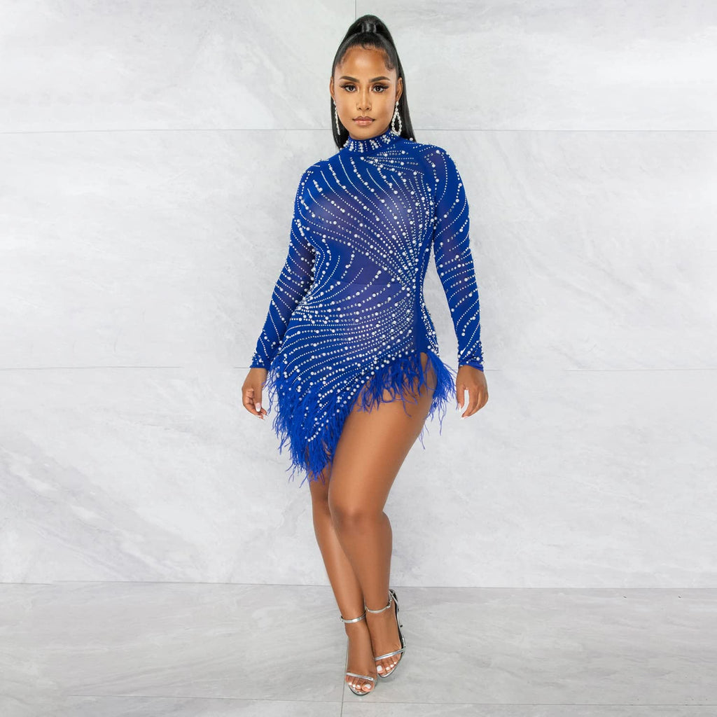 Rhinestone Feather Bodycon Mini Dress - Mesh Sheer Long Sleeve Party Dress