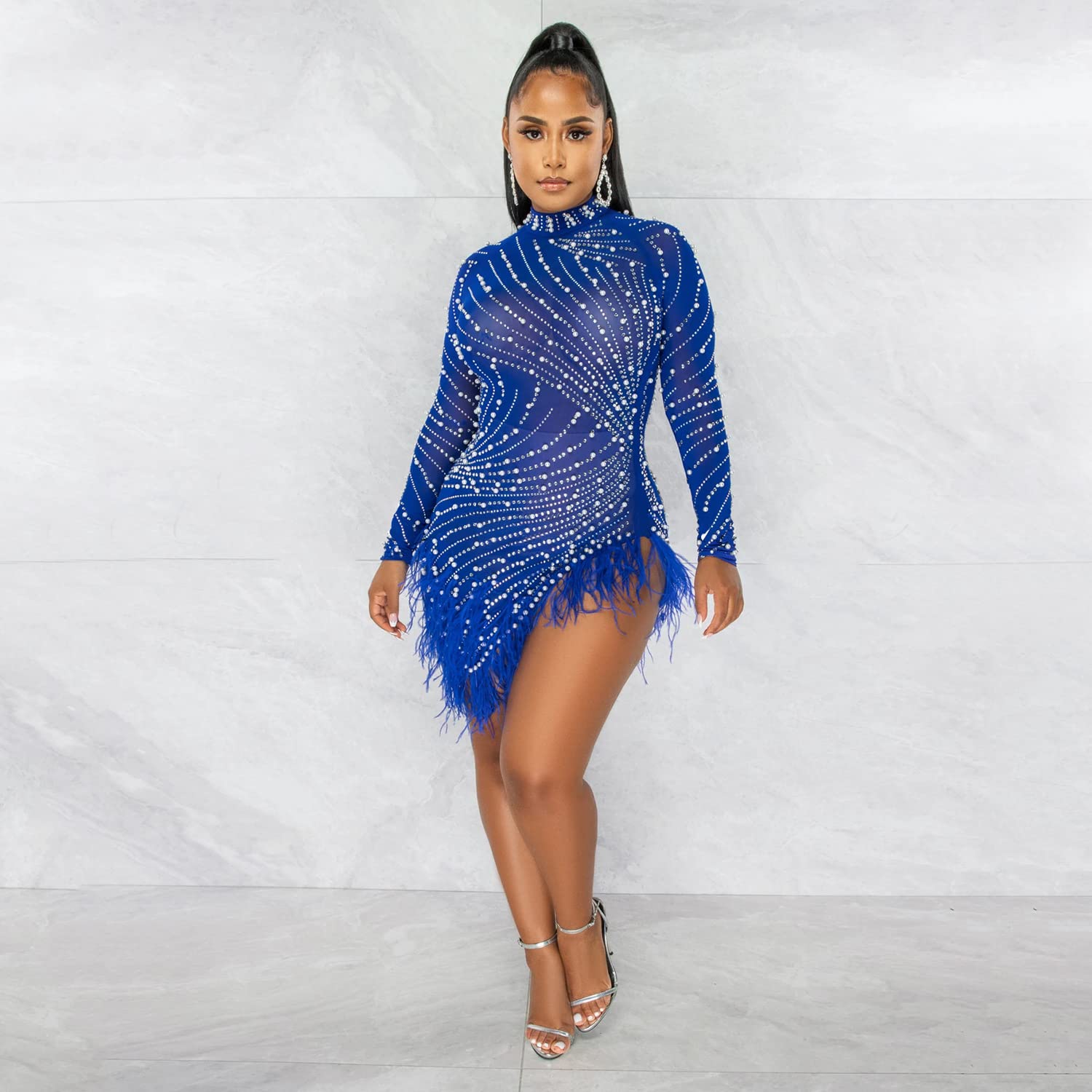 Rhinestone Feather Bodycon Mini Dress - Mesh Sheer Long Sleeve Party Dress