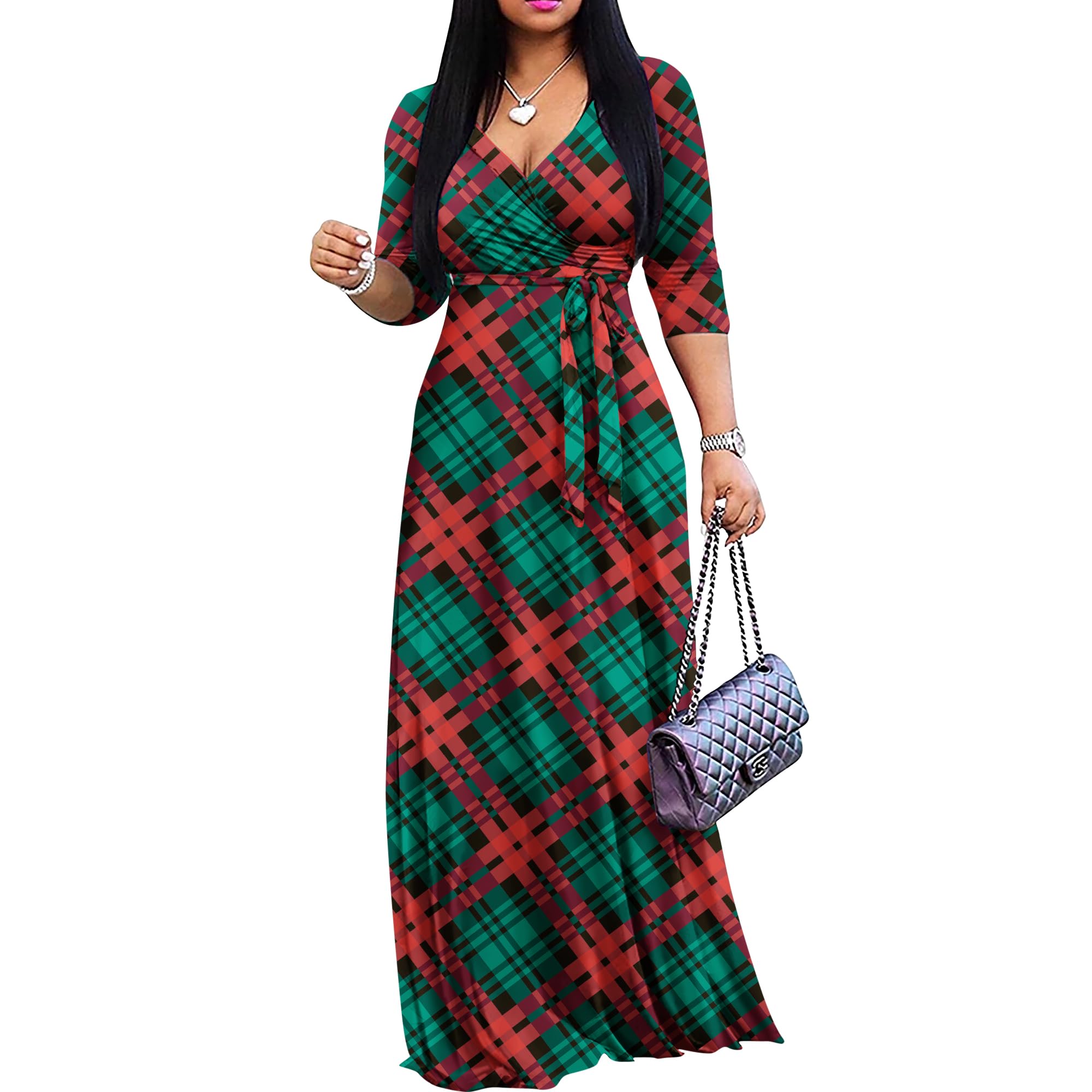 FANDEE Plus Size Maxi Dress for Women – Boho Floral V-Neck 3/4 Sleeve Summer Sundress