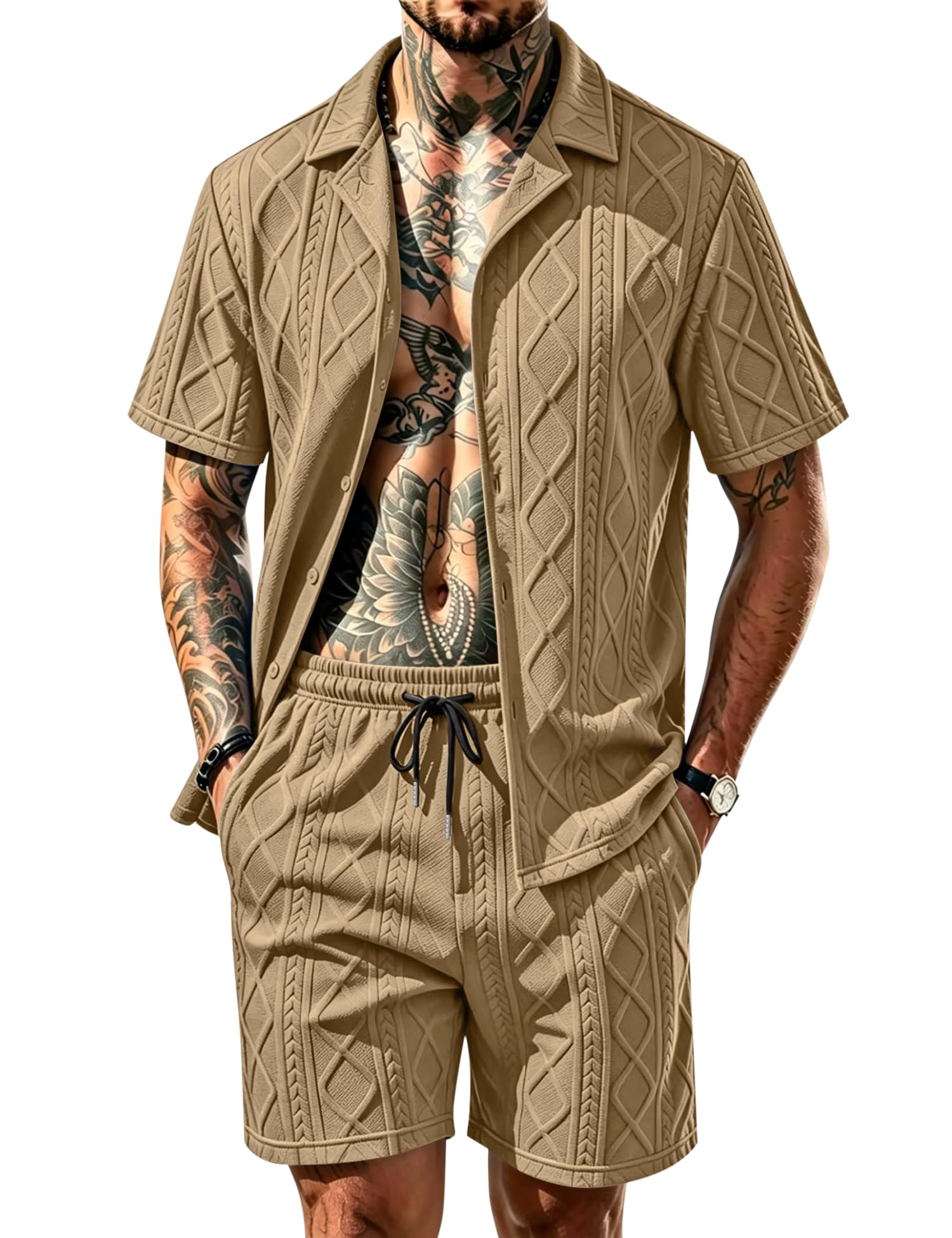 Men's Diamond Knit 2-Piece Button Down Shirt & Shorts Set – Casual Tracksuit