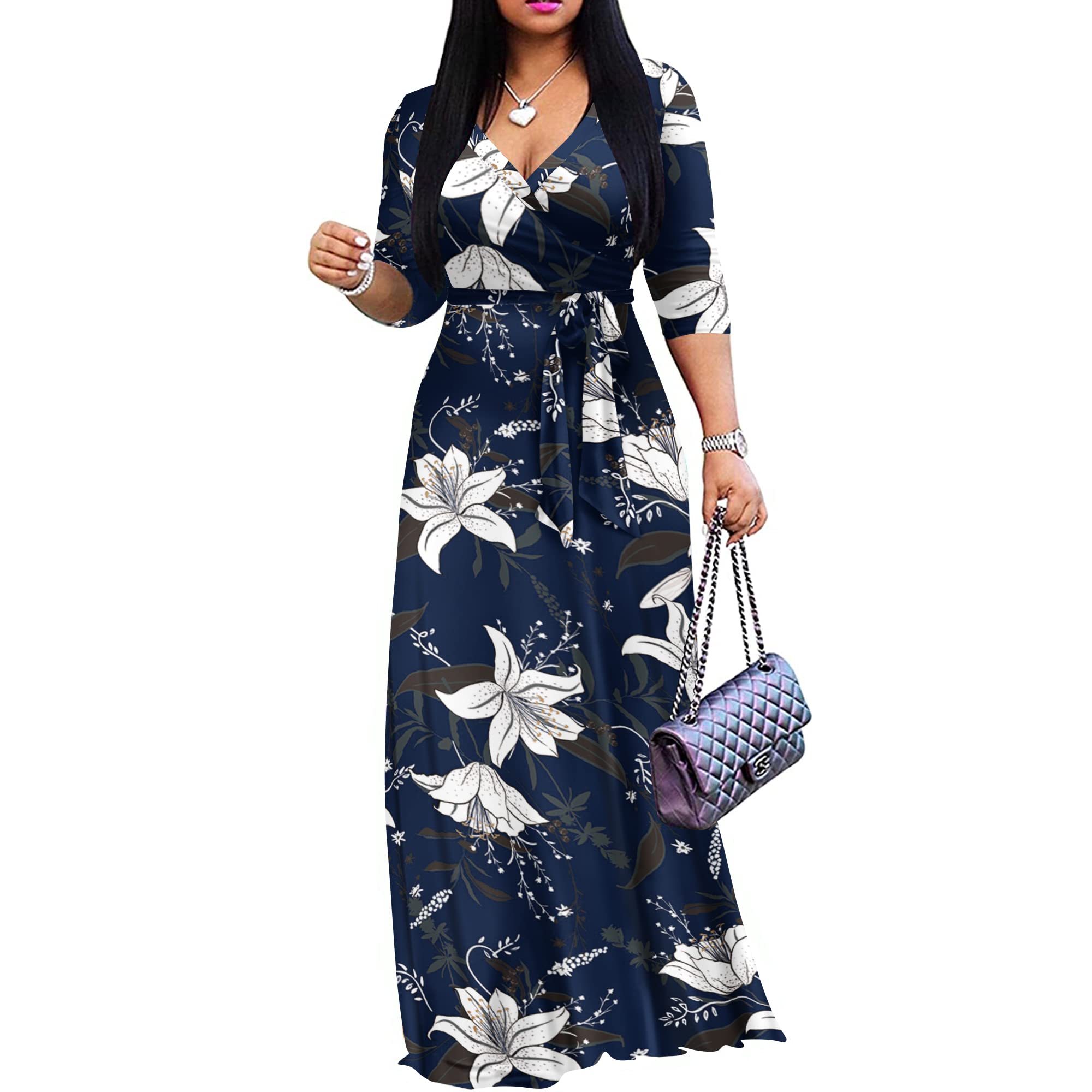 FANDEE Plus Size Maxi Dress for Women – Boho Floral V-Neck 3/4 Sleeve Summer Sundress