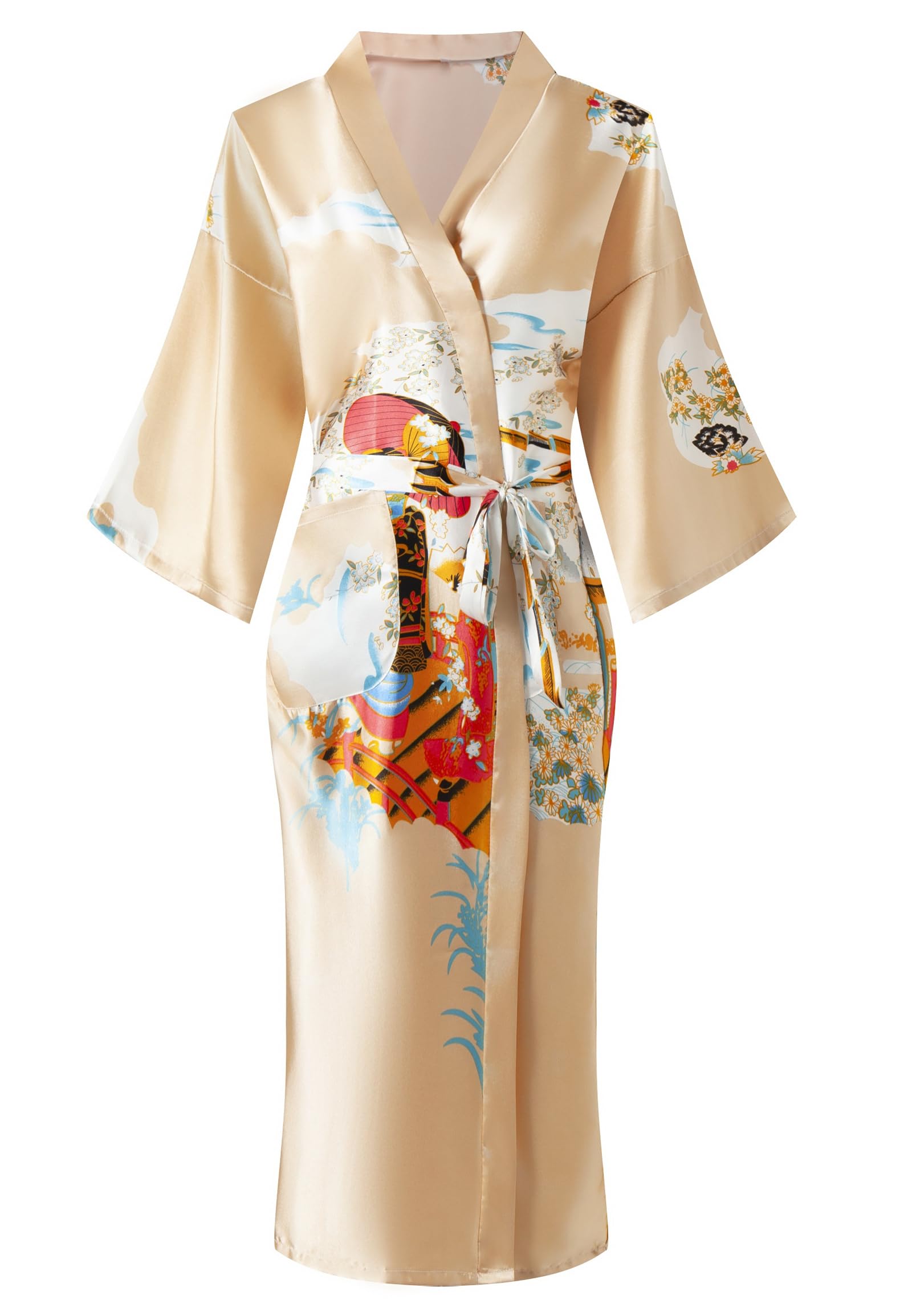 Women's Floral/Patterned Silky Kimono Robes Long Satin Bathrobes Sleepwear Loungewear