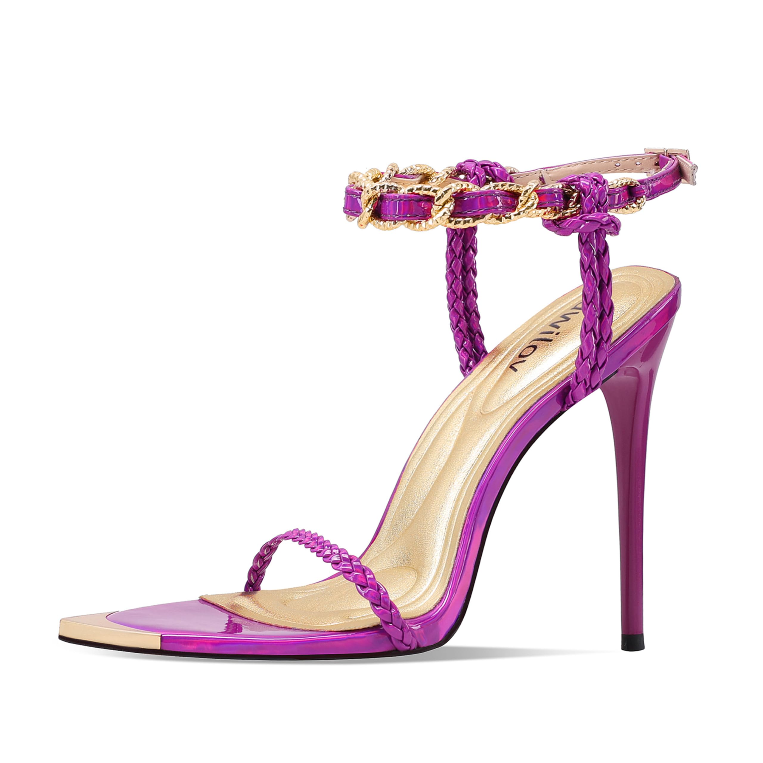 Ouwilov Women's Strappy Stiletto Heels – Metallic Ankle Strap Open Toe Sandals