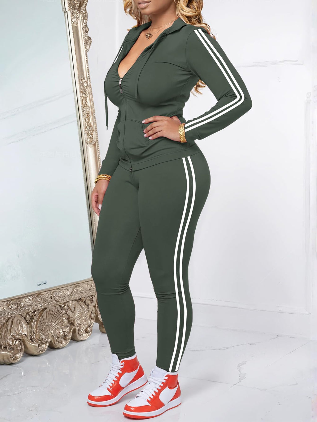 Women's Striped Zip-Up Hoodie and Jogger Pants Set
