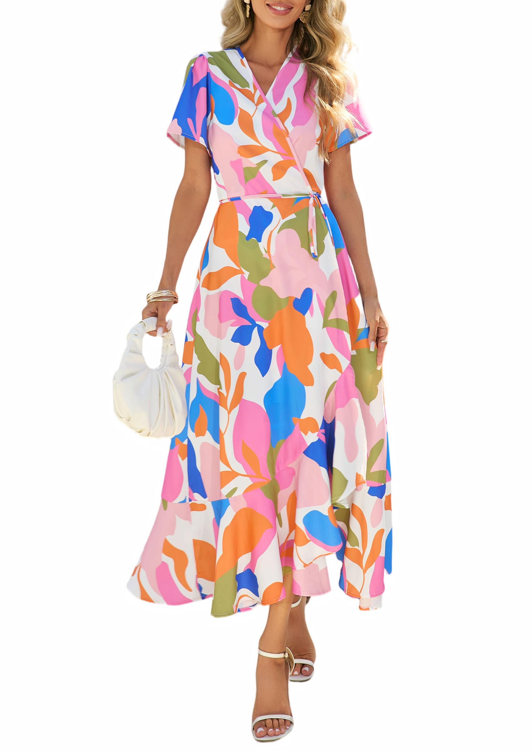 Women's Boho Floral Maxi Dress – Short Sleeve Wrap V-Neck Long Beach Dress