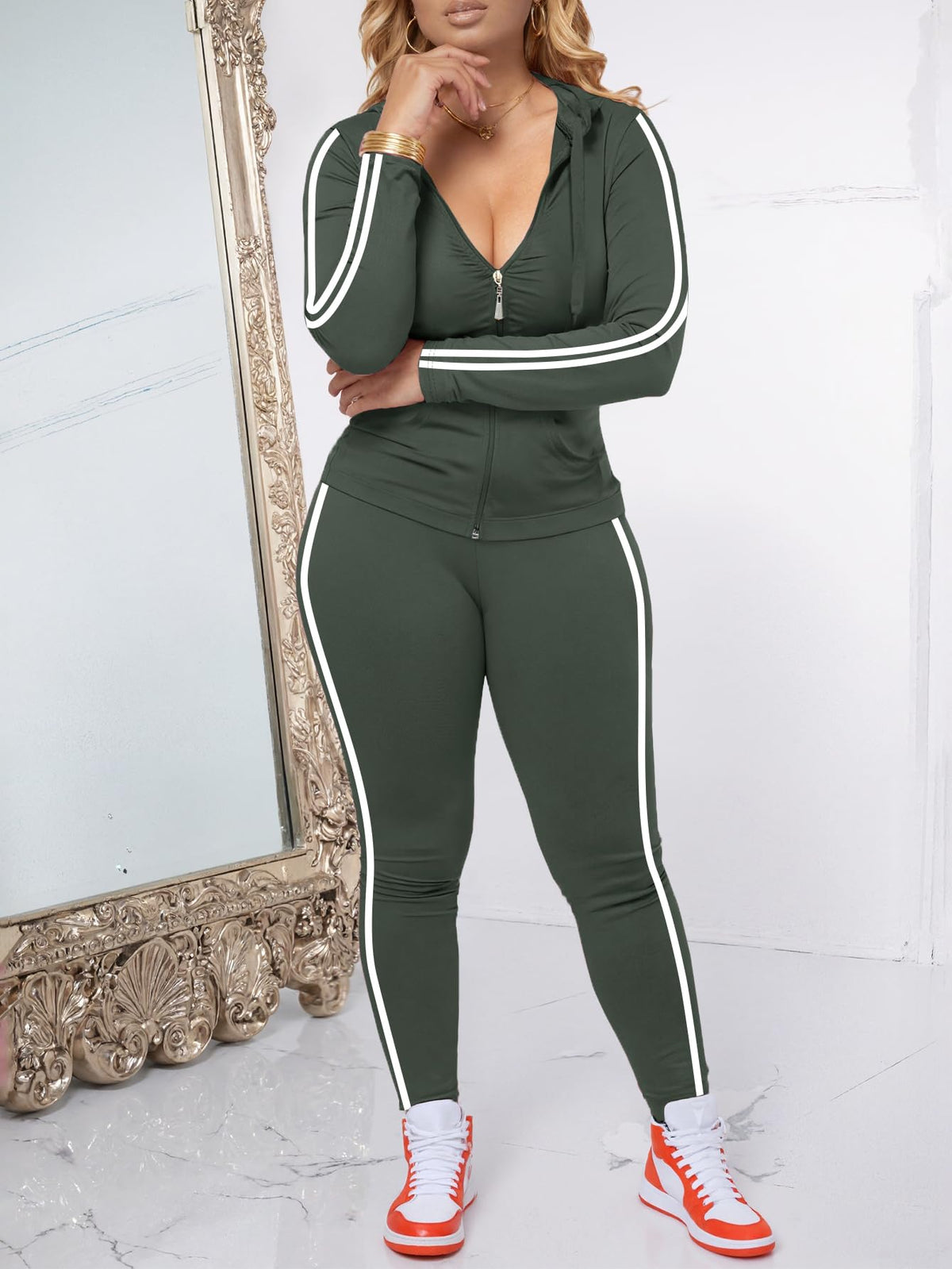 Women's Striped Zip-Up Hoodie and Jogger Pants Set