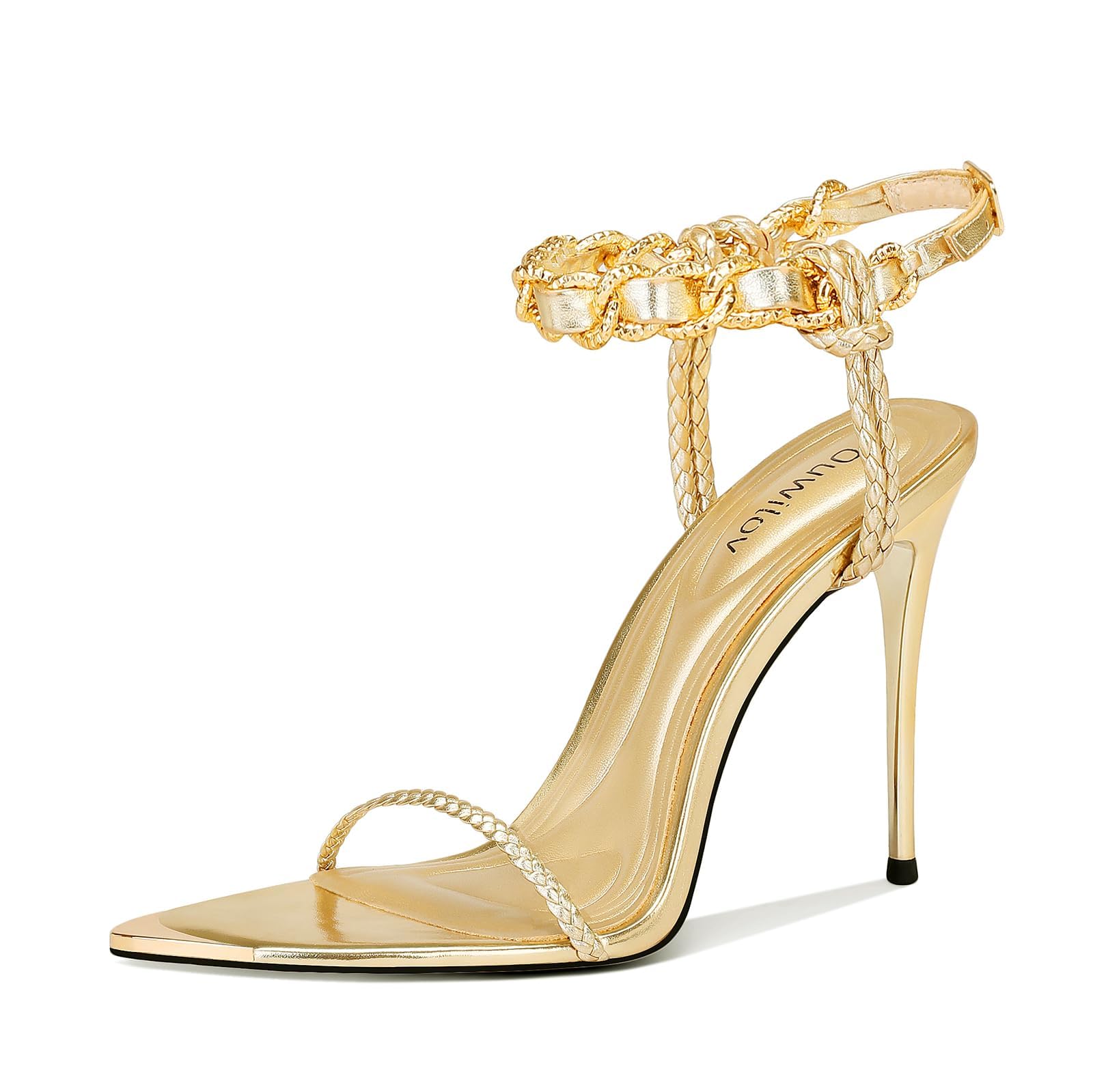 Ouwilov Women's Strappy Stiletto Heels – Metallic Ankle Strap Open Toe Sandals