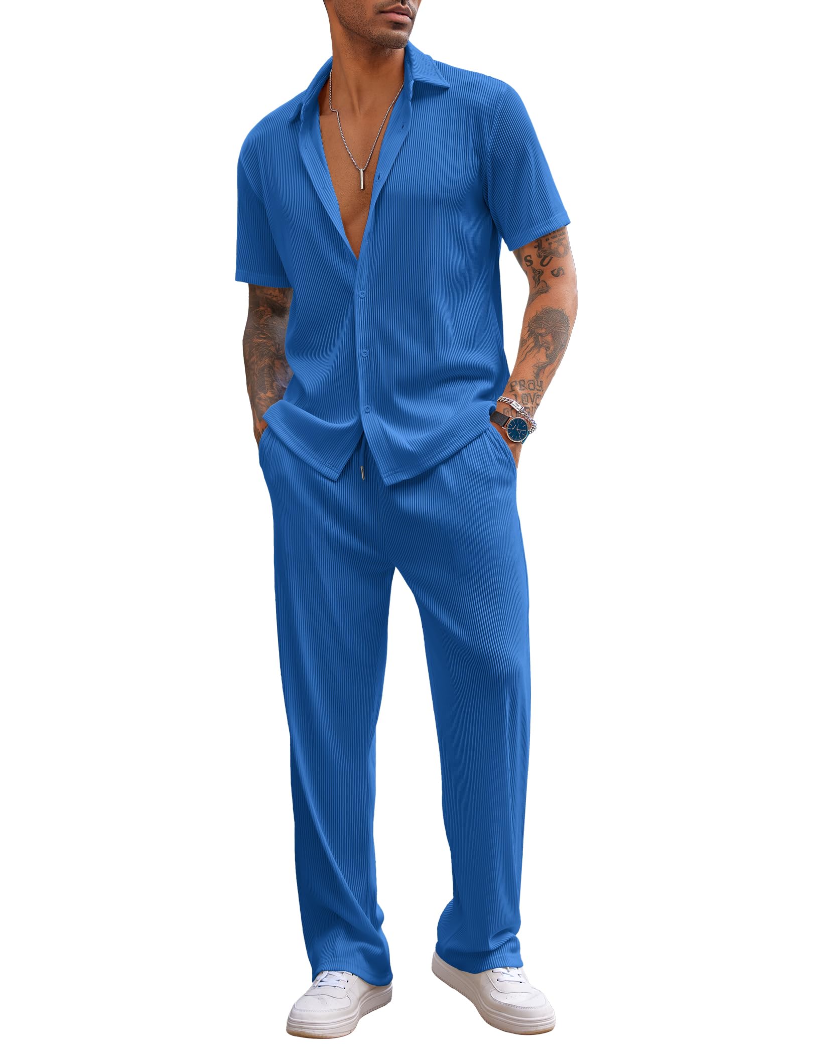COOFANDY Men's 2 Piece Outfit Casual Short Sleeve Button Down Shirt Beach Summer Loose Pant Sets