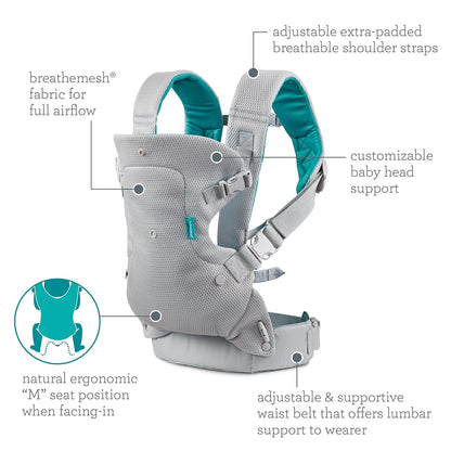 Flip 4-In-1 Light & Airy Convertible Baby Carrier - Breathable, Lumbar Support, Adjustable Waist Belt, Head Support, Ergonomic Seat, Plush Straps for Newborn to Toddler 8-32 Lbs