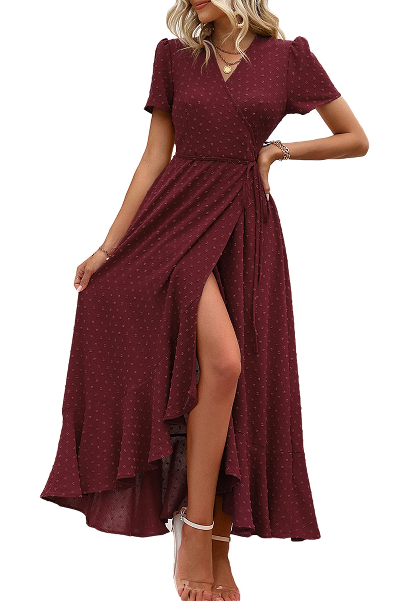 Women's Boho Floral Maxi Dress – Short Sleeve Wrap V-Neck Long Beach Dress