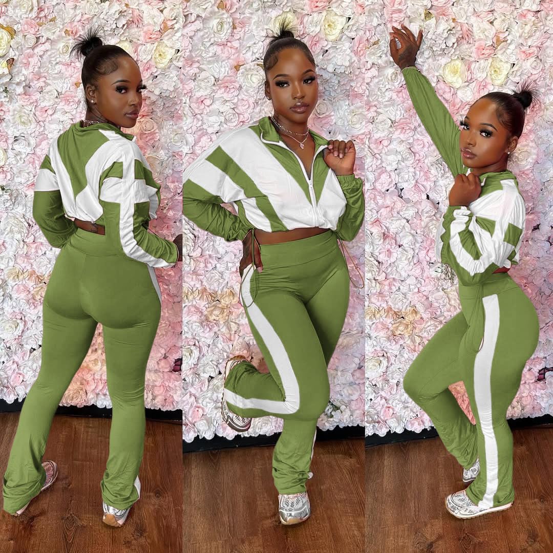 Women's 2 Piece Color Block Zip Jacket and Flare Pants Set