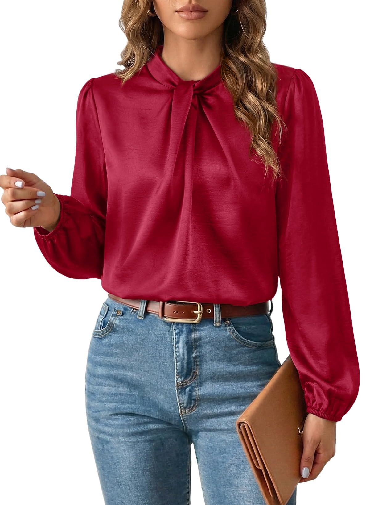 Women's Satin Twisted Mock Neck Blouse – Long Sleeve Business Casual Top