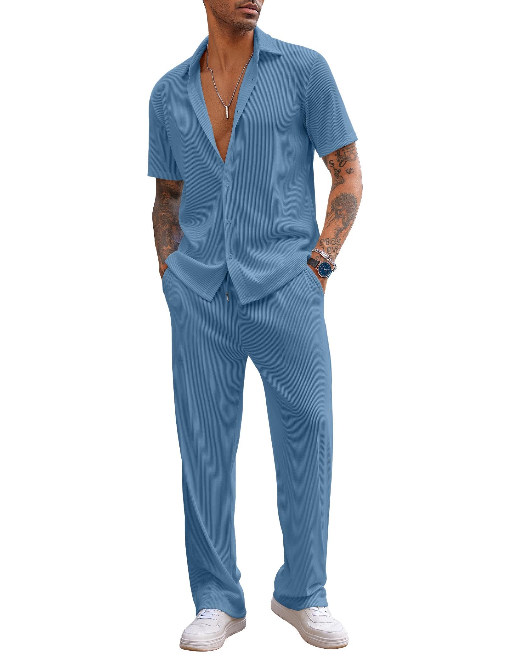 COOFANDY Men's 2 Piece Outfit Casual Short Sleeve Button Down Shirt Beach Summer Loose Pant Sets