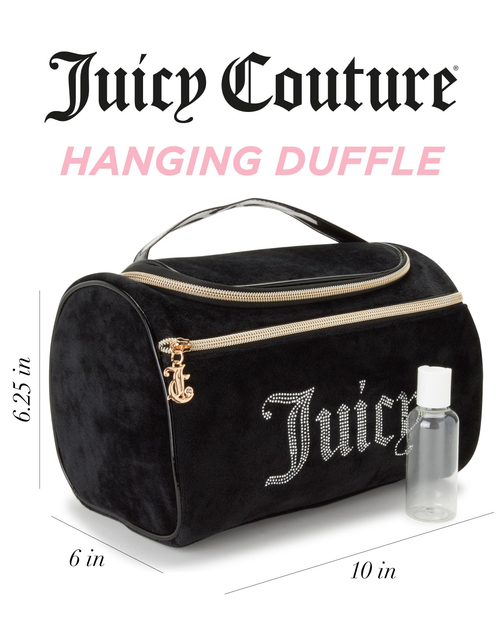 Juicy Couture Velour Makeup Bag | Rhinestone Travel Cosmetics Organizer | Black & Pink