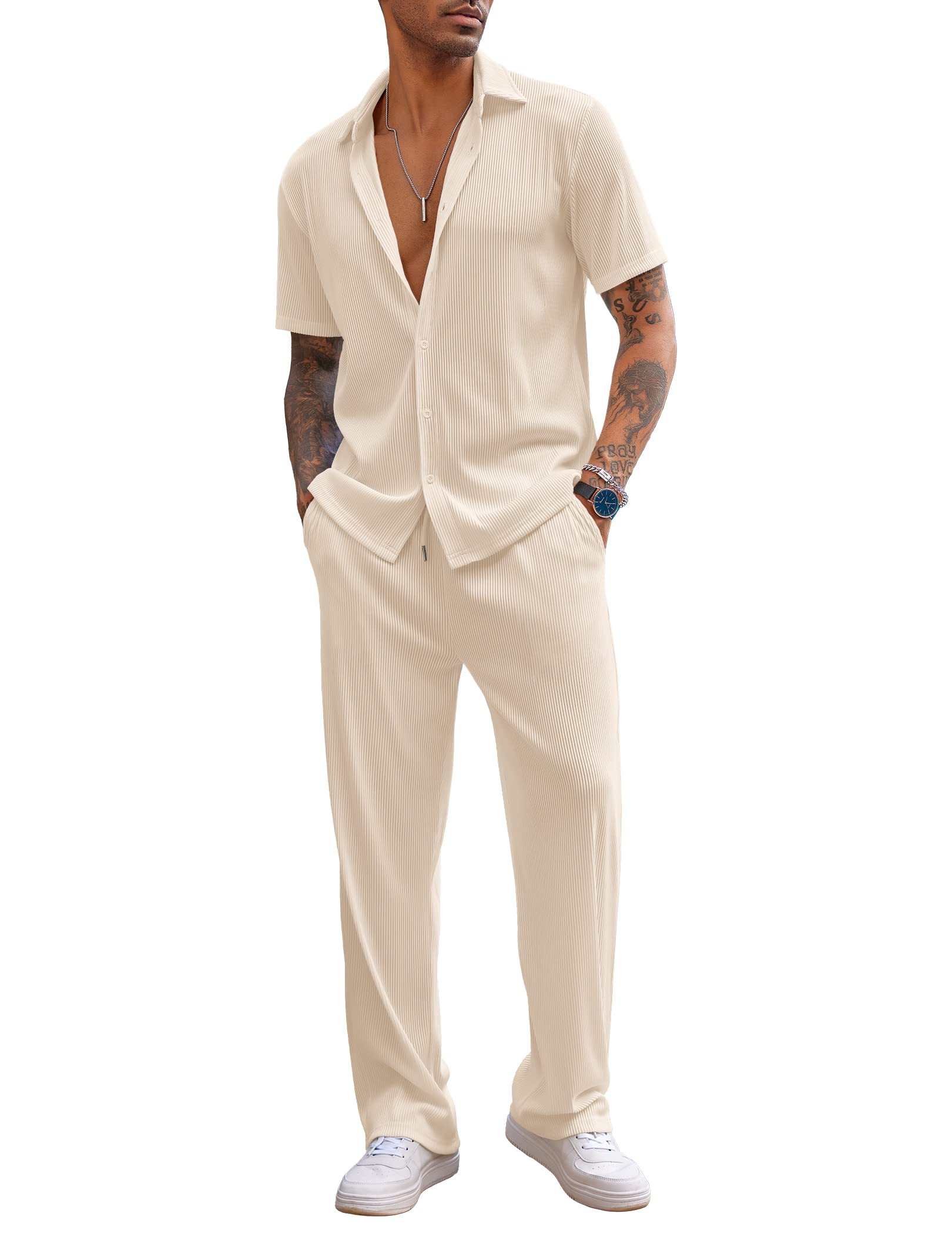 COOFANDY Men's 2 Piece Outfit Casual Short Sleeve Button Down Shirt Beach Summer Loose Pant Sets