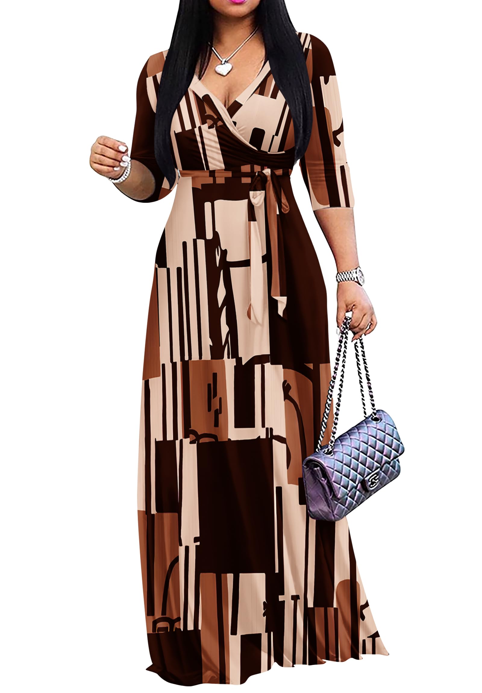 FANDEE Plus Size Maxi Dress for Women – Boho Floral V-Neck 3/4 Sleeve Summer Sundress
