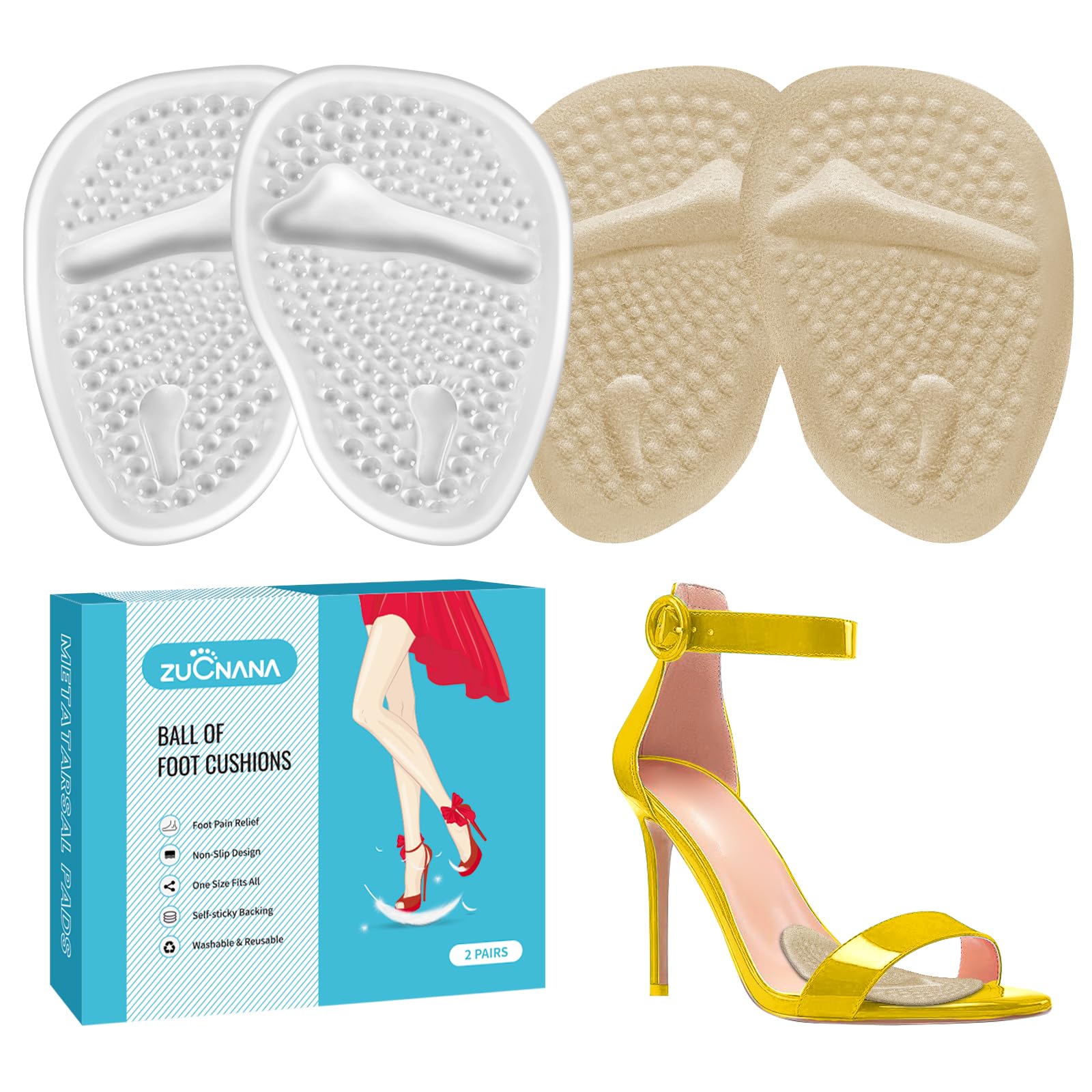 Metatarsal Pads for Women – Ball of Foot Cushions for Pain Relief, Reusable Medical-Grade Silicone Shoe Inserts