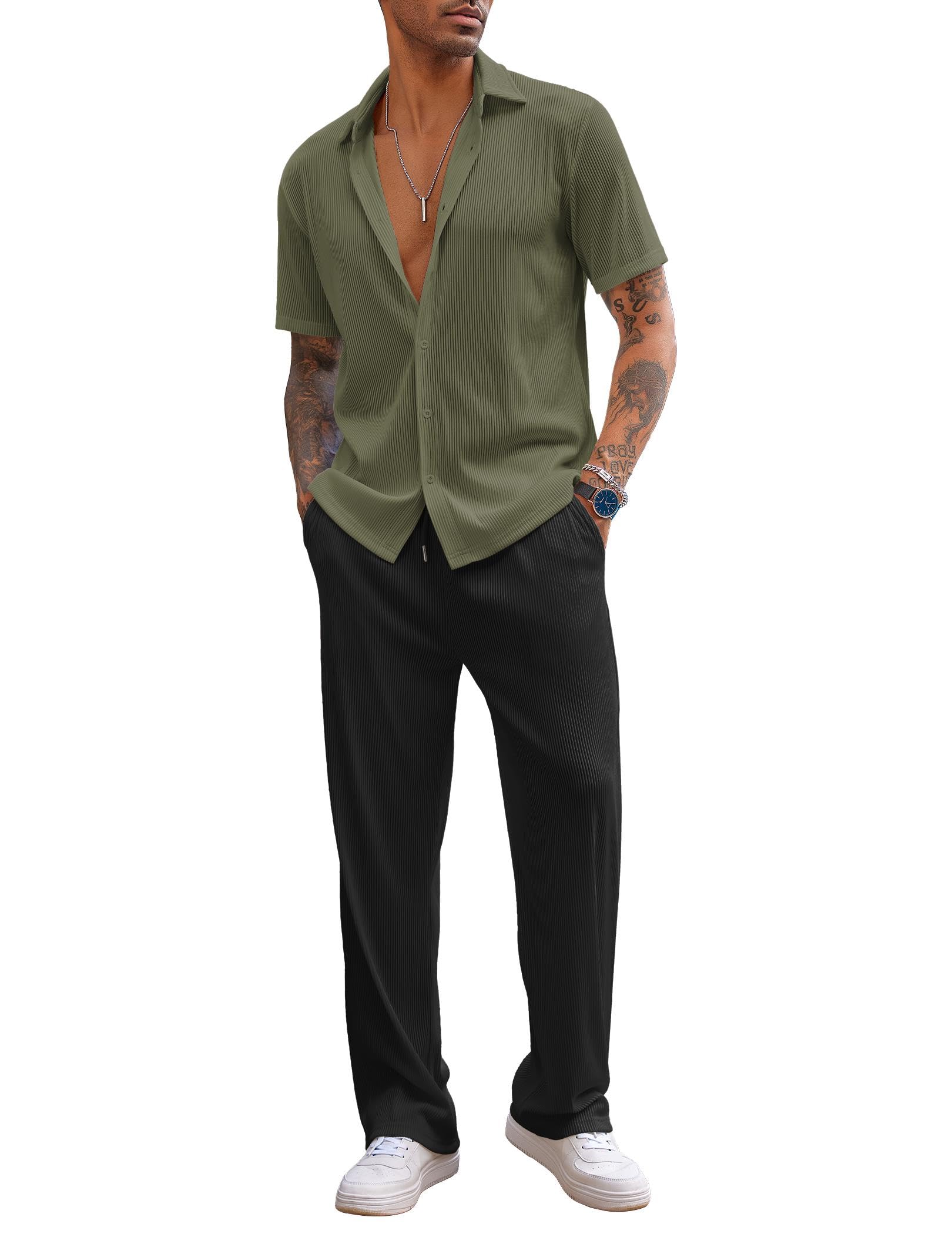 COOFANDY Men's 2 Piece Outfit Casual Short Sleeve Button Down Shirt Beach Summer Loose Pant Sets