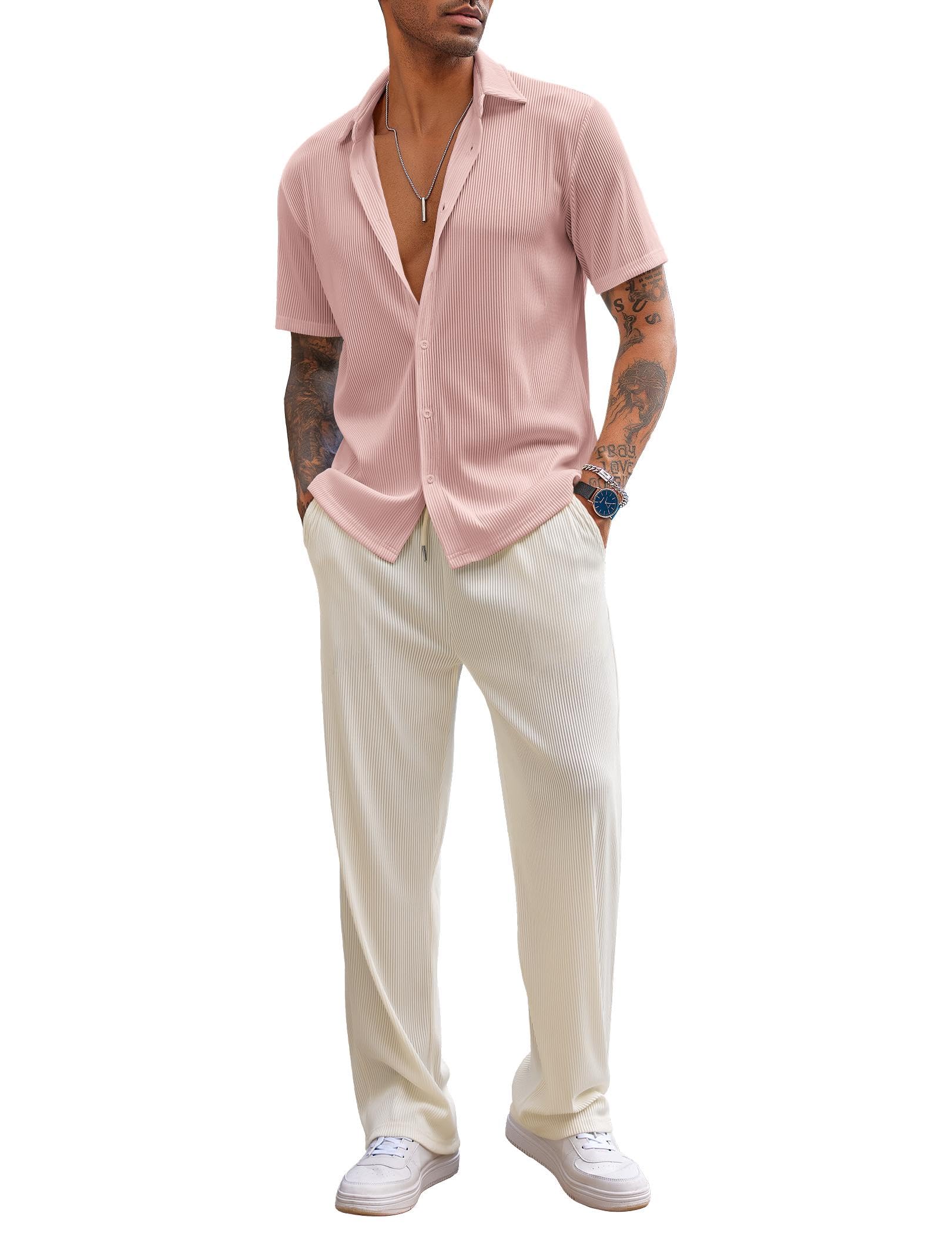 COOFANDY Men's 2 Piece Outfit Casual Short Sleeve Button Down Shirt Beach Summer Loose Pant Sets