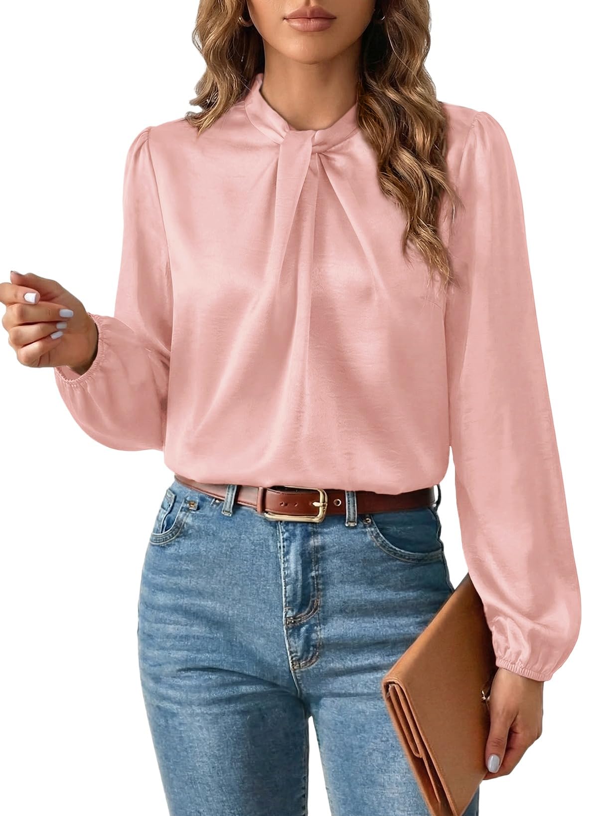 Women's Satin Twisted Mock Neck Blouse – Long Sleeve Business Casual Top