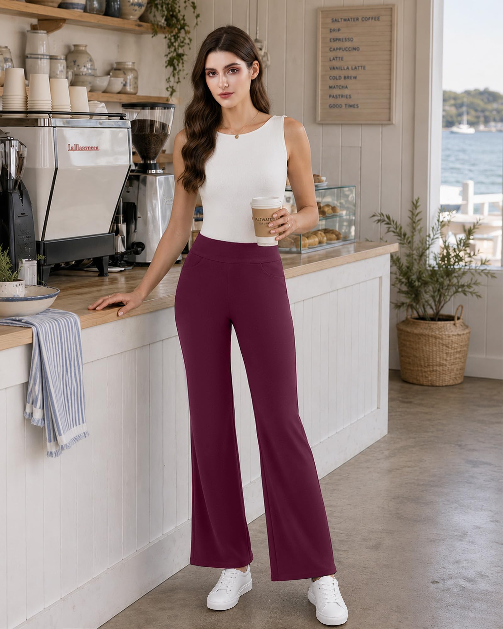 Women's Stretchy Flare Work Pants – High-Waist Pull-On Dress Slacks with 4 Pockets