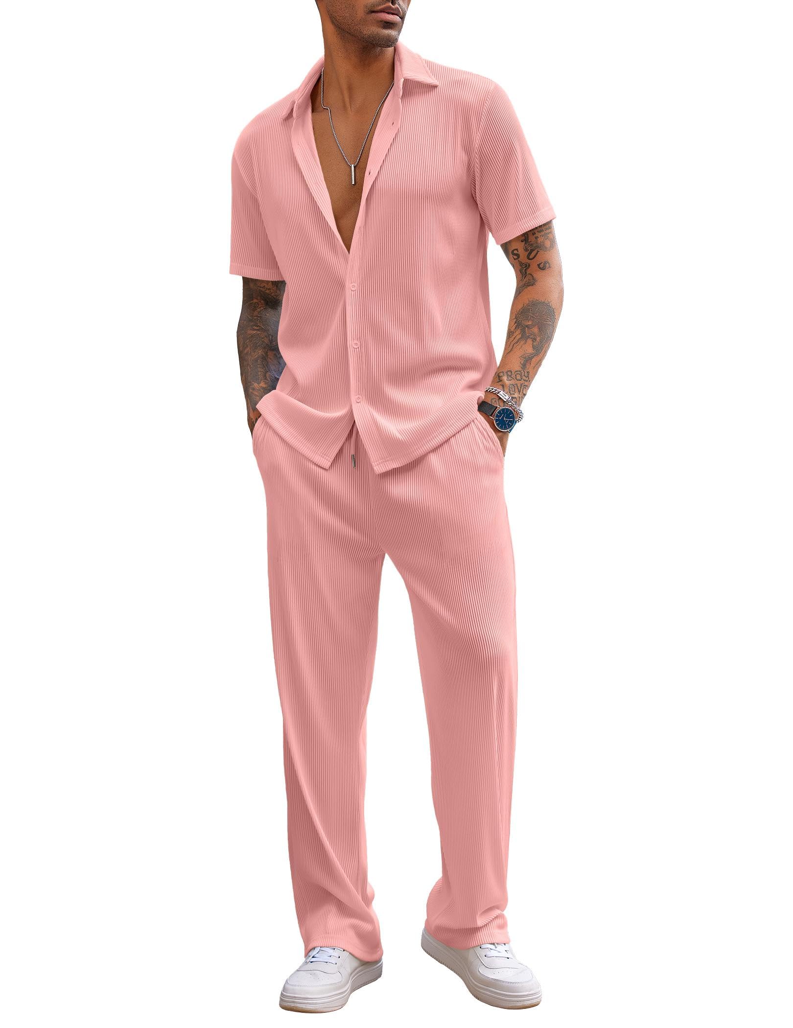 COOFANDY Men's 2 Piece Outfit Casual Short Sleeve Button Down Shirt Beach Summer Loose Pant Sets